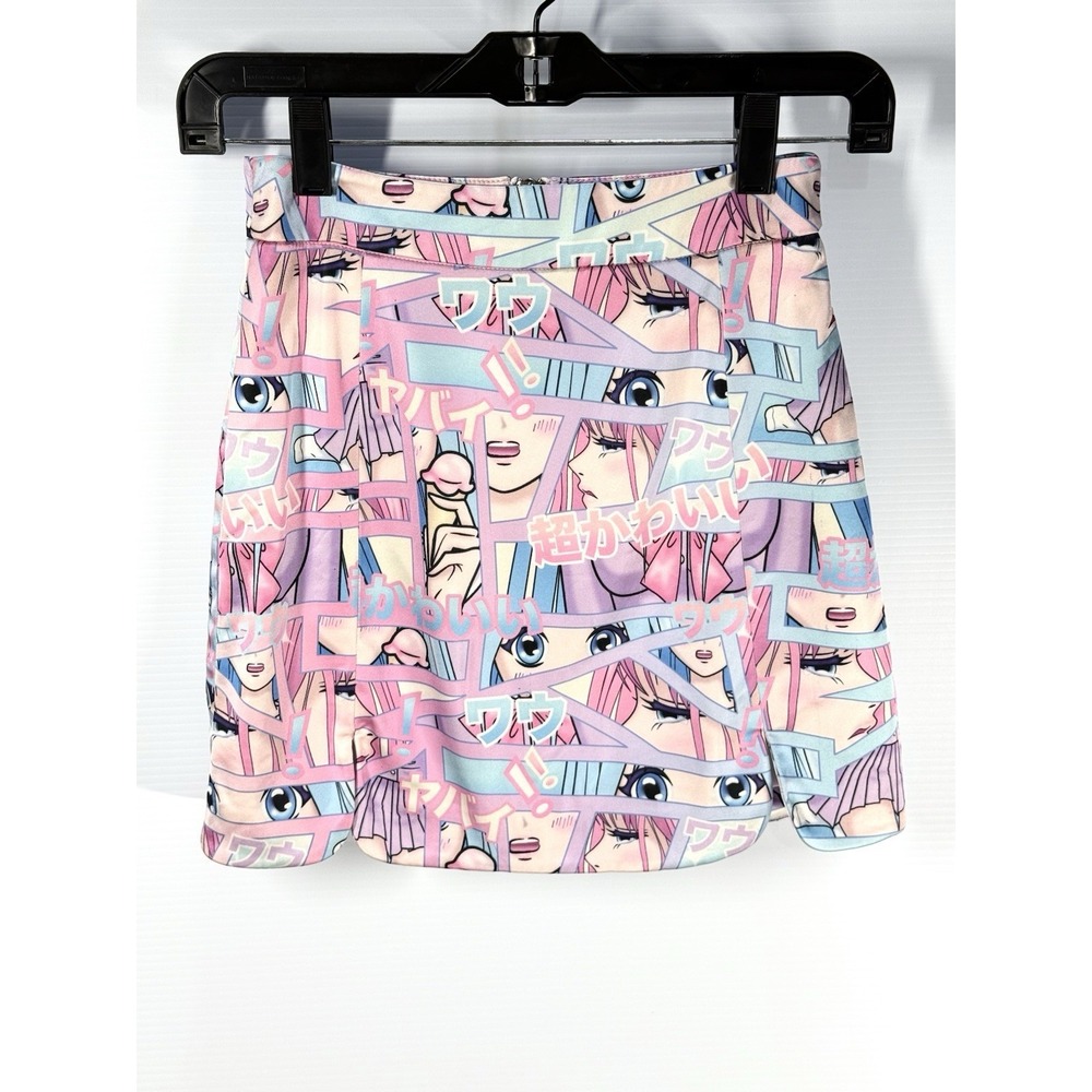 Sugar Thrillz Soft Satin Anime Print Mini Skirt With Side Slits- Size XS Kawaii